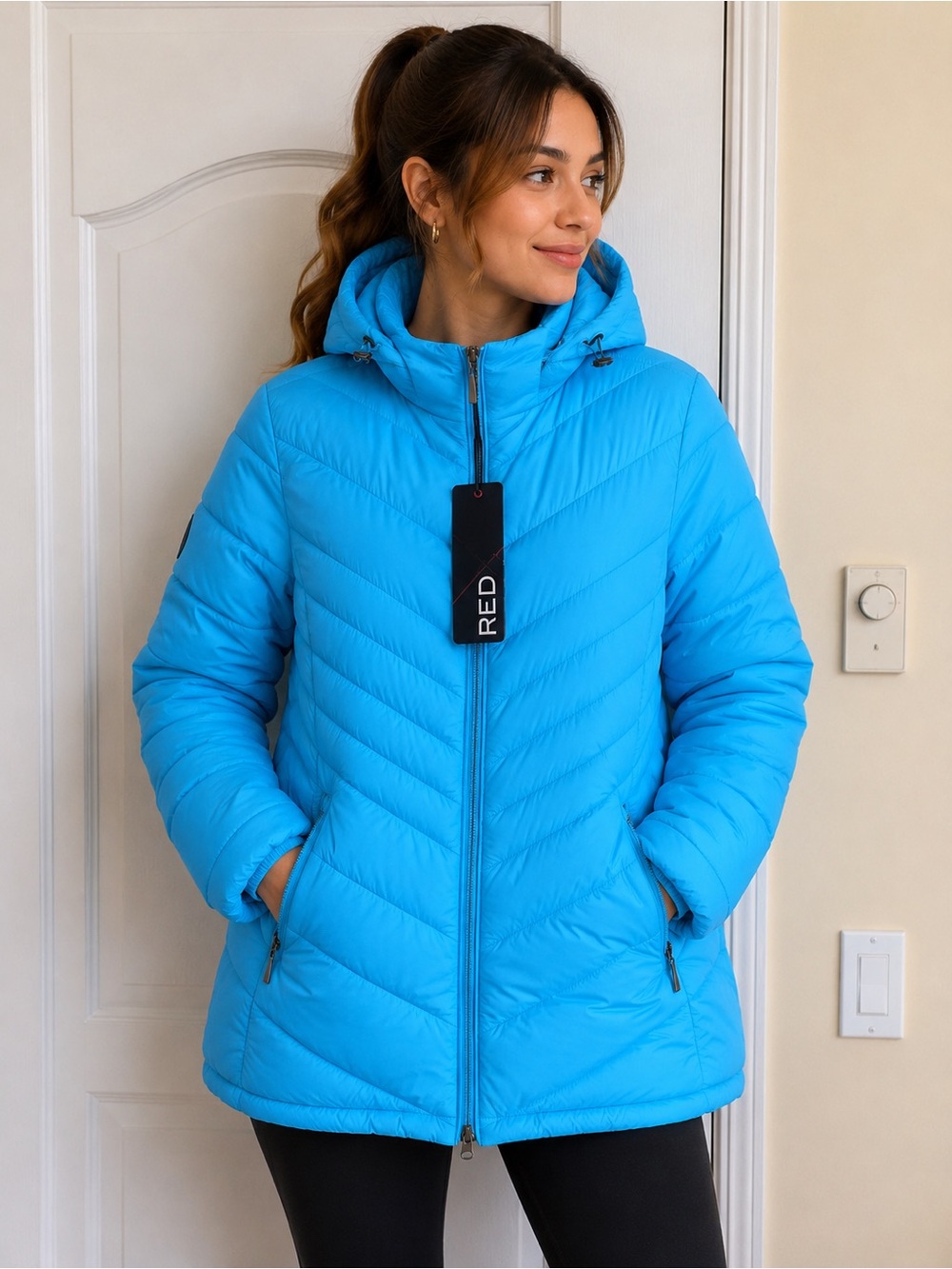 Red Lightweight Hooded Puffer Coat in Bright Blue